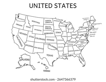 A map of the United States with the states labeled