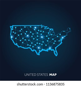 Map Of United States Made With Connected Lines And Glowing Dots.