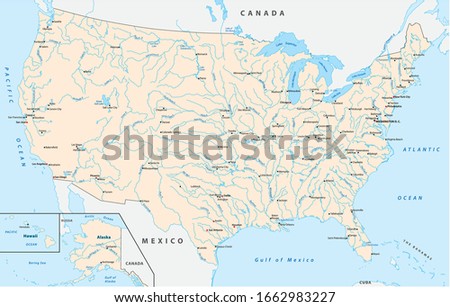 Map of the United States with major cities, rivers and lakes