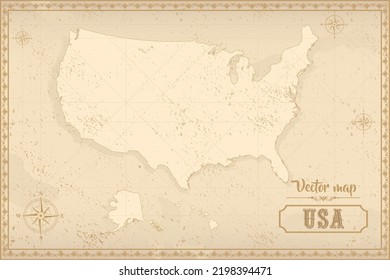 Mapa de Estados Unidos en el viejo estilo, gráficos marrones en estilo de fantasía retro