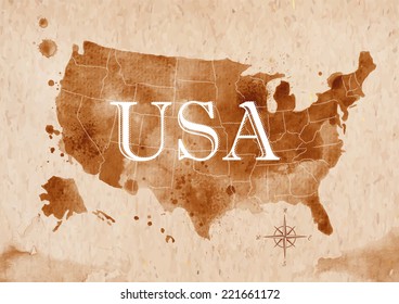 Map of United States in old style , brown graphics in a retro style