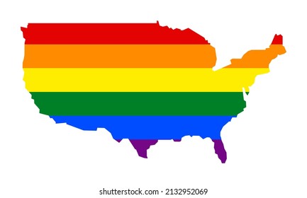 Map of United States with Pride Flag Colours. USA Map with Pride Rainbow Stripes