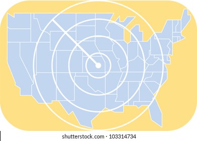 Map of the United States with radiating lines showing distance from the geographic center