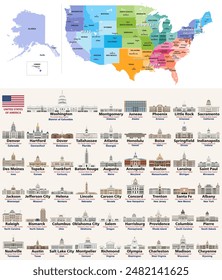 Map of the United States with regions, divisions and all state capitals on it. All state capitols of the United States. Detailed vector isolated icons of all capitol buildings. Vector set