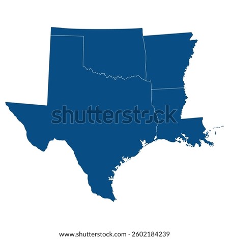 Map of United States in  regions of West South Central.  US regions of West South Central each state in  blue color. 