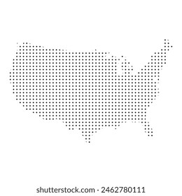 A map of the United States is shown in black and white. The map is dotted with small circles, giving it a pixelated appearance. The map is a simple representation of the country