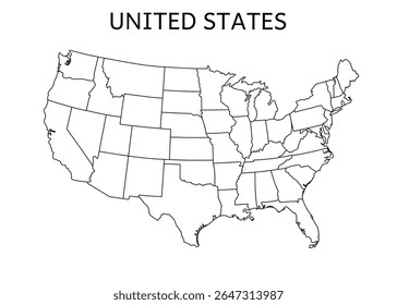 A map of the United States is shown in black and white. The map is very detailed and shows the borders of each state