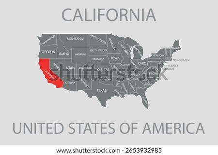 A map of the United States with the state of California highlighted in red. The map is gray and white