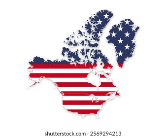 Map of the United States together with Canada and Greenland as a single country colored with the USA flag isolated on a white background. Vector illustration.