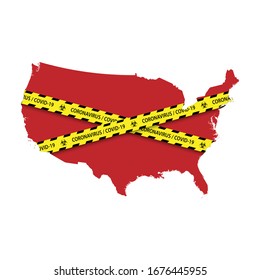Map of United States with warning quarantine yellow tape. Danger coronavirus Banner