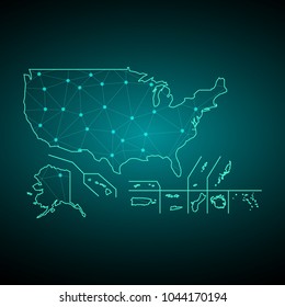 Map of United States. Wire frame 3D mesh polygonal network line, design sphere, dot and structure. communications map of United States. Vector Illustration EPS10.