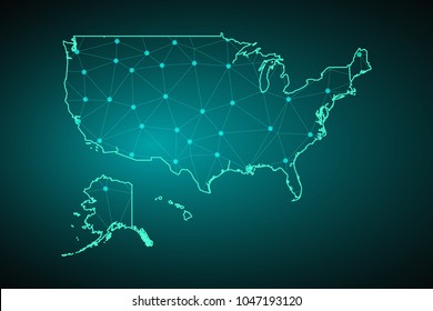 Map of United States. Wire frame 3D mesh polygonal network line, design sphere, dot and structure. communications map of United States. Vector Illustration EPS10.