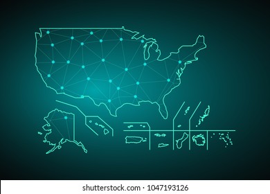 Map of United States. Wire frame 3D mesh polygonal network line, design sphere, dot and structure. communications map of United States. Vector Illustration EPS10.