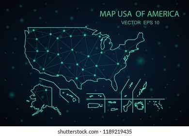 Map United States. Wire Frame 3D mesh polygonal network line, design sphere,United States map on dark background. Vector illustration eps 10.