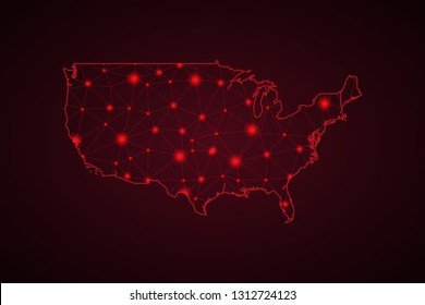Map of United States. Wire frame 3D mesh polygonal network line, design sphere, dot and structure. communications map of United States. Vector Illustration EPS10. - Vector