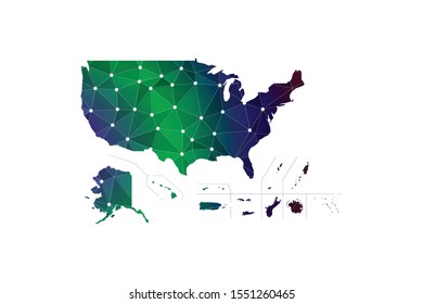 Map of United States. Wire frame 3D mesh polygonal network line, design sphere, dot and structure. communications map of United States. Vector Illustration EPS10.