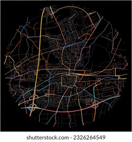 Map of Unna, North Rhine-Westphalia with all major and minor roads, railways and waterways. Colorful line art on black background.