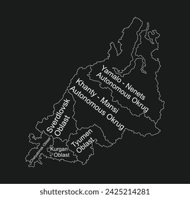 Map of Ural Federal District of Russia with borders of regions vector silhouette illustration isolated on black background. Region line contour Ural map of Russia.