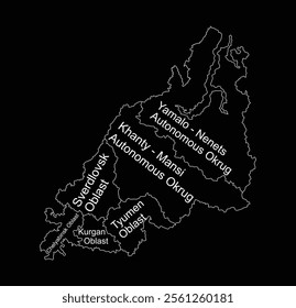 Map of Ural Federal District of Russia with borders of regions vector silhouette illustration isolated on black background. Region line contour Ural map of Russia.