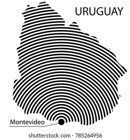 Map of Uruguay. Abstract black and white striped map of the country with the design of the capital. Isolated on white background.