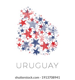 Map of URUGUAY country filled with red and blue stars with random sizes and opacity on a white background. Abstract travel concept sign