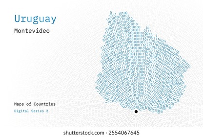 A map of Uruguay depicted in zeros and ones in the form of a circle. The capital, Montevideo, is shown in the center of the circle