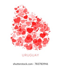 map of uruguay filled with heart shapes of different sizes and degrees of transparency on white background
