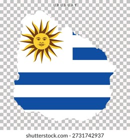 Mapa de Uruguay lleno de colores de la bandera nacional, aislado sobre fondo transparente. Ilustración de geografía política para diseño, educación y conceptos editoriales.