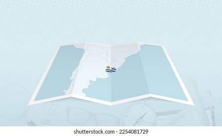 Mapa de Uruguay con la bandera de Uruguay en el contorno del mapa en un viaje de fondo abstracto. Ilustración de viaje.