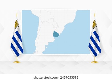 Map of Uruguay and flags of Uruguay on flag stand. Vector illustration for diplomacy meeting.