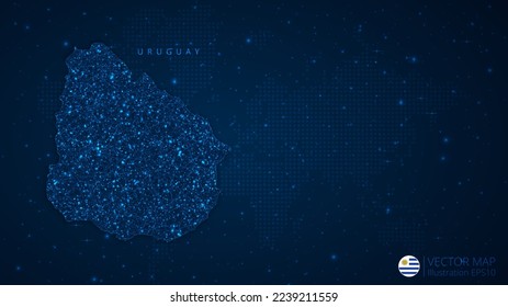 Map of Uruguay modern design with polygonal shapes on dark blue background. Business wireframe mesh spheres from flying debris. Blue structure style vector illustration concept.