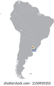 Map of Uruguay with national flag within the gray map of South American continent