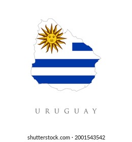 Map of Uruguay with an official flag. South America. Country flag with national emblem Sol de Mayo on white canton and white and blue horizontal stripes. Illustration over white. Vector