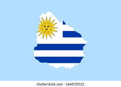 Mapa de Uruguay sobre fondo azul, Bandera de Uruguay sobre él.