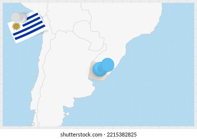 Map of Uruguay with a pinned blue pin. Pinned flag of Uruguay, vector illustration.