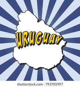 map of uruguay in pop art style with text, halftone dotted shadow and radial lines