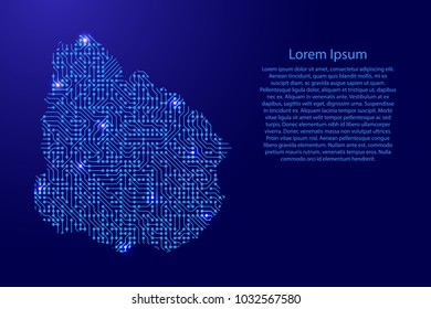 Map Uruguay from printed board, chip and radio component with blue star space on the contour for banner, poster, greeting card, of vector illustration.