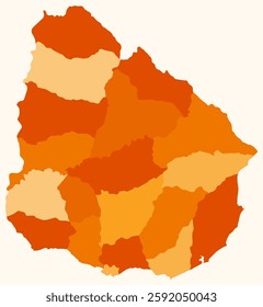 Map of Uruguay with regions. Just a simple country border map with region division. Orange color palette. Plain Uruguay shape with administrative division. Vector illustration.