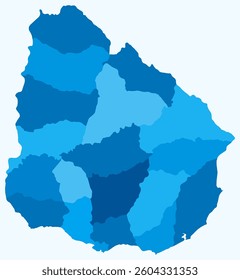 Map of Uruguay with regions. A simple country border map with regional divisions. Light blue color palette. Flat Uruguay shape with administrative division. Vector illustration.