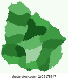Map of Uruguay with regions. A simple country border map with regional divisions. Green color palette. Blank Uruguay shape with administrative division. Vector illustration.