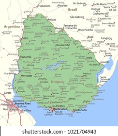 Map of Uruguay. Shows country borders, urban areas, place names and roads. Labels in English where possible.
Projection: Mercator.