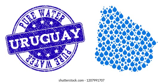 Map of Uruguay vector mosaic and Pure Water grunge stamp. Map of Uruguay composed with blue water drops. Seal with grunge rubber texture for clean drinking water.