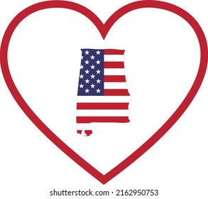 Map of US federal state of Alabama with the flag of the United States of America inside white heart shape with red stroke
