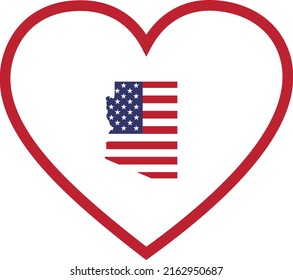 Map of US federal state of Arizona with the flag of the United States of America inside white heart shape with red stroke