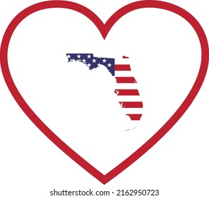 Map of US federal state of Florida with the flag of the United States of America inside white heart shape with red stroke