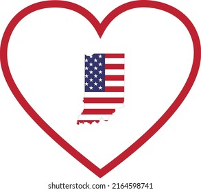 Map of US federal state of Indiana with the flag of the United States of America inside white heart shape with red stroke