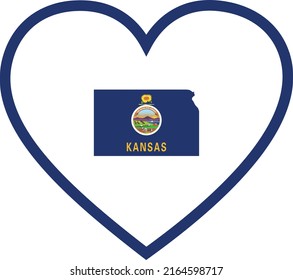 Map of US federal state of Kansas with state flag inside white heart shape with red stroke