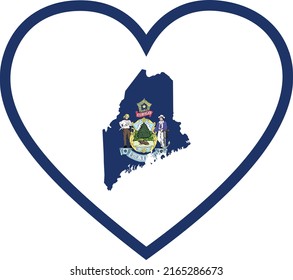 Map of US federal state of Maine with state flag inside white heart shape with blue stroke