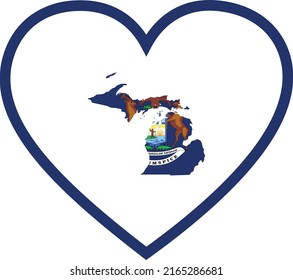 Map of US federal state of Michigan with state flag inside white heart shape with blue stroke