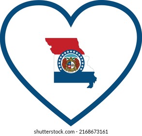 Map of US federal state of Missouri with state flag inside white heart shape with blue stroke